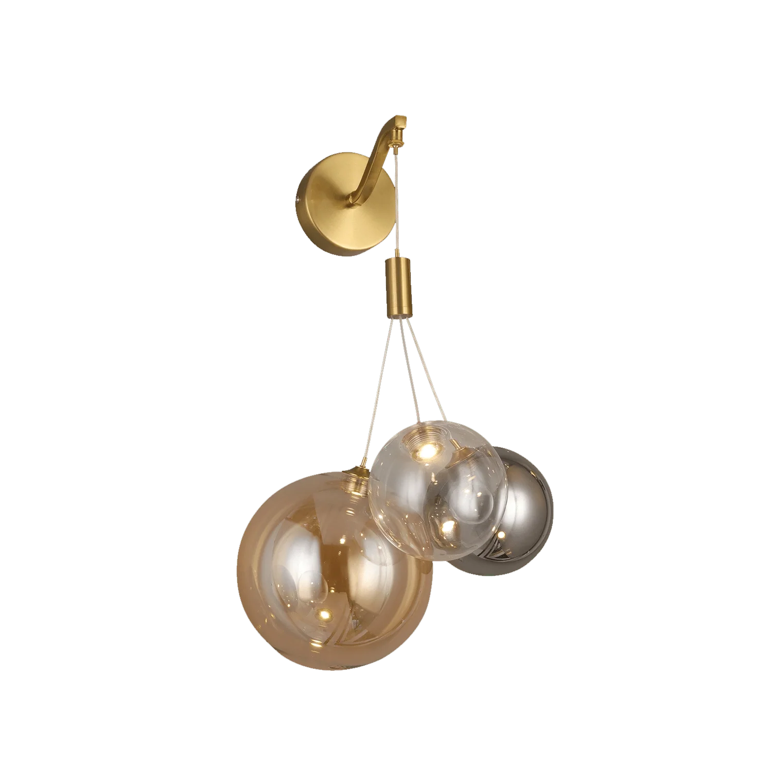 Tricolor Drift 3-Globe wall sconce — amber, smoke and clear glass globes on a bronze arm — Azzaro Home