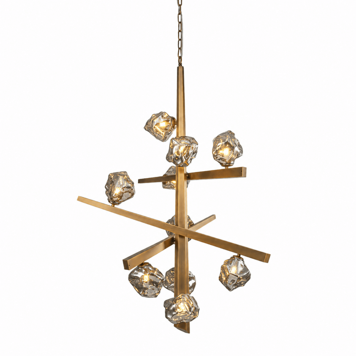 Sputnik chandeliers with starburst arms in aged brass and smoked glass for dining and living rooms — Azzaro Home Luxury Lighting