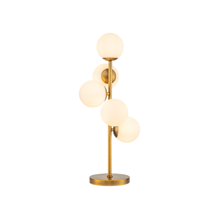 Azzaro Home's Orion 5-Globe Staggered Table Lamp illuminating a sophisticated interior in bronze - Ah25 11 18 perspective