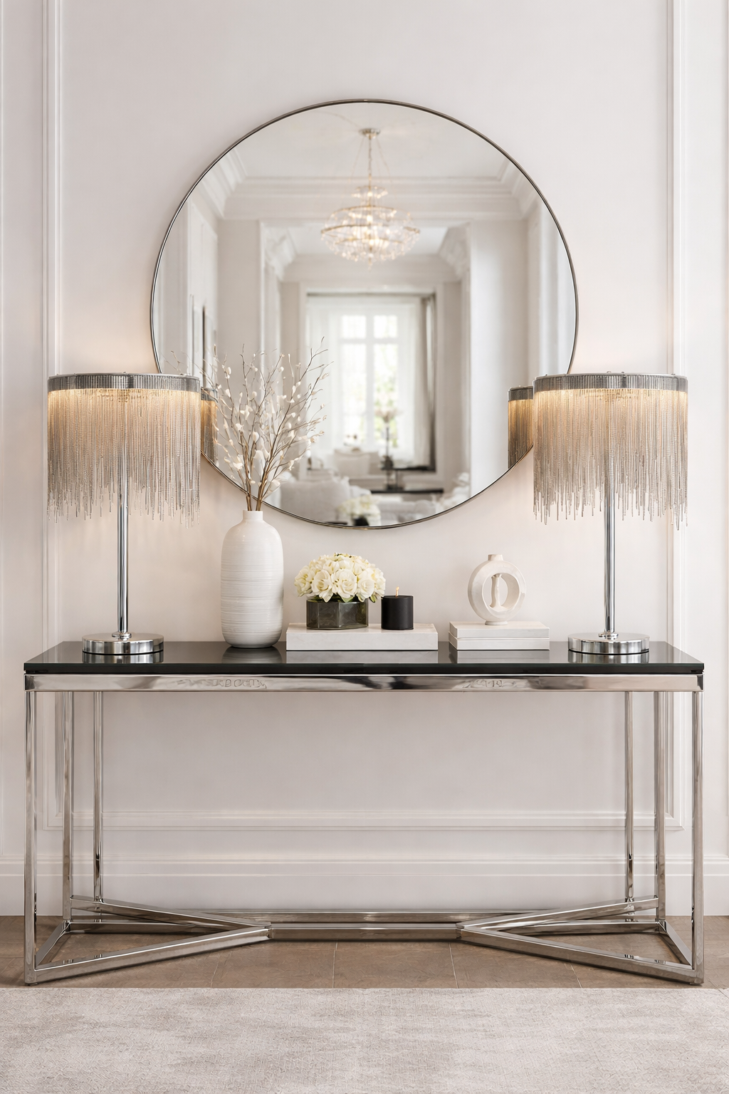 The Fringe Noir Tassel LED Table Lamp lighting fixture from Azzaro Home featuring a chrome patina - Ah25 11 30 Lifestyle