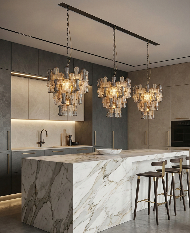 Vega 26” Glass Chandelier, Clear, Smoke and Amber