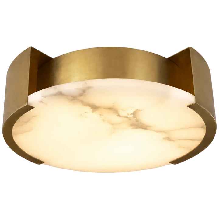 Ceiling light fixture with gold frame and marble-like shade on a white background