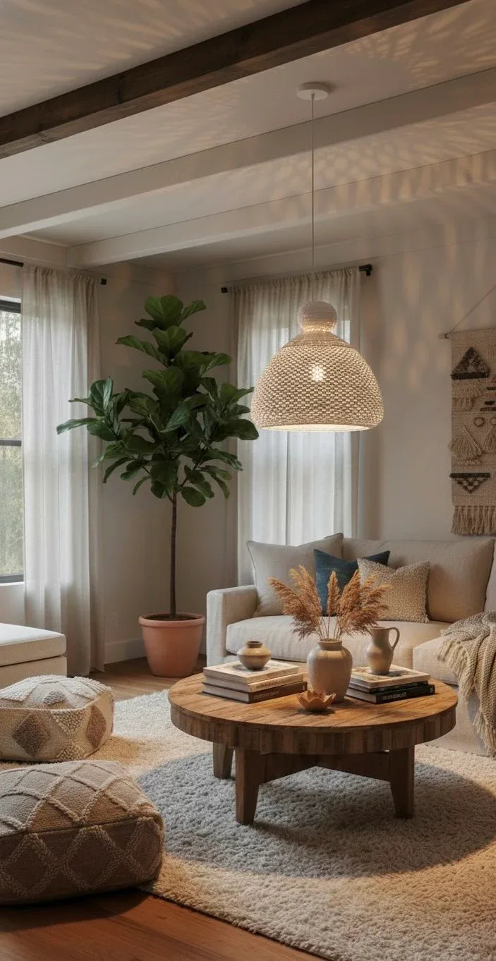 Azzaro Home's Bali Bell 32" White Rattan Pendant illuminating a sophisticated interior in aged brass - Img 5404