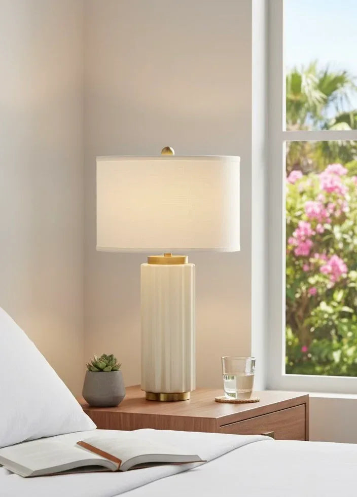 Architectural detail of the Azzaro Home Cavetto 15" Table Lamp finished in aged brass - Img 5427 perspective