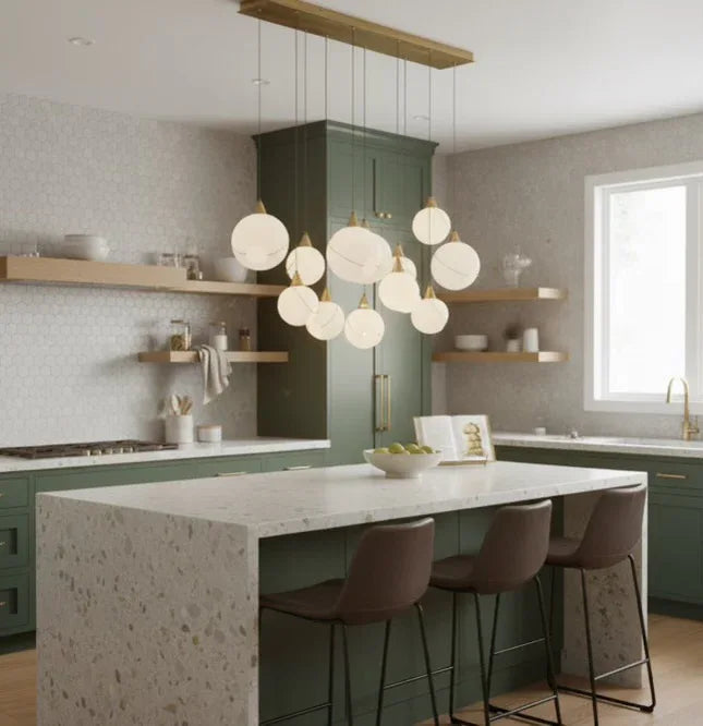 Luxury lighting fixture Celina 60" Opal Glass Linear Chandelier- 13 Lights by Azzaro Home showcasing premium minerals construction in bronze - Img 6158 view