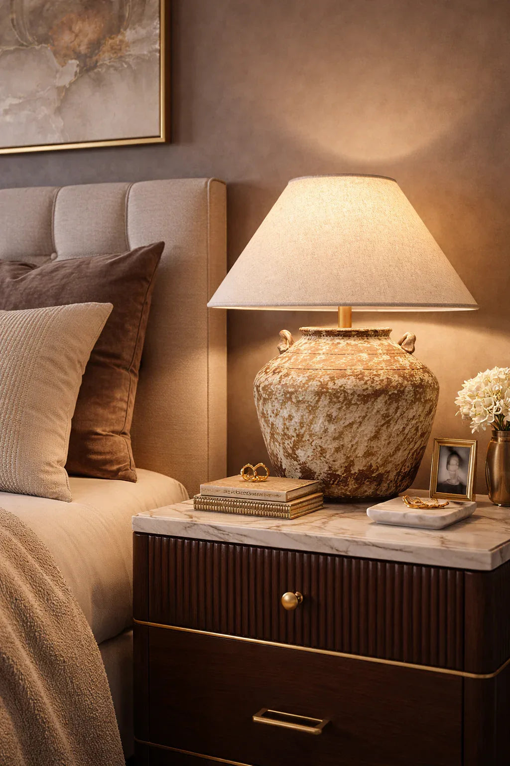 The Antiqua Urn Table Lamp lighting fixture from Azzaro Home featuring a terra cotta patina - Decorative Table Lamp Living Room perspective