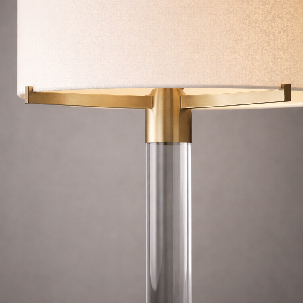 Modern floor lamp with gold base and clear cylindrical column on a gray background