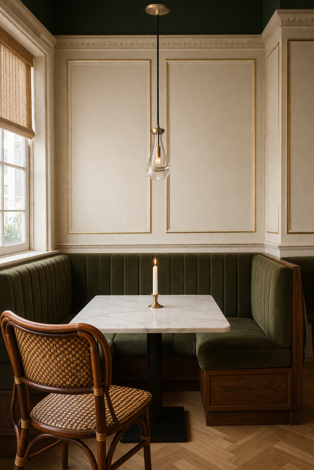 Teara Aged Brass Raindrop LED Pendant hanging above a marble café table with olive green banquette seating and a woven rattan chair